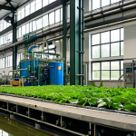 **Prompt:** A modern factory with visible water recycling systems, lush green plants growing using recycled water, showcasing sustainability and technology in a German industrial setting. Focus on clean, efficient processes.