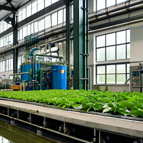Home 19 **Prompt:** A modern factory with visible water recycling systems, lush green plants growing using recycled water, showcasing sustainability and technology in a German industrial setting. Focus on clean, efficient processes.