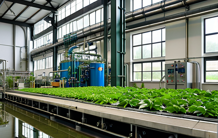 **Prompt:** A modern factory with visible water recycling systems, lush green plants growing using recycled water, showcasing sustainability and technology in a German industrial setting. Focus on clean, efficient processes.