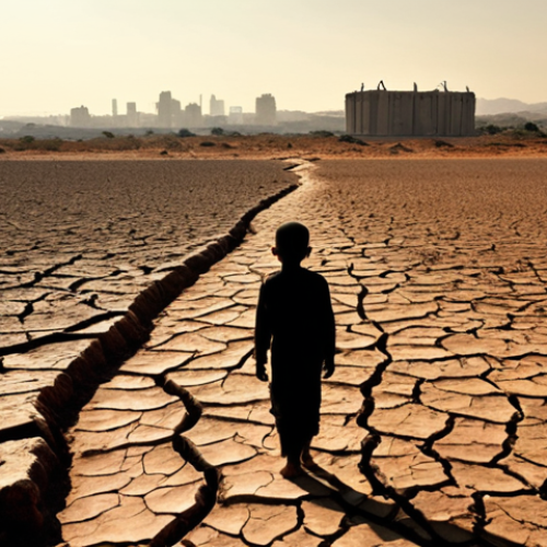 Home 18 A vast, parched landscape under a harsh, orange sun, with deeply cracked earth and a dry riverbed stretching into the distance. In the foreground, a lone, small silhouette of a person or child walks towards a subtle, indistinct outline of a distant, modern European city skyline on the horizon, emphasizing the stark contrast between global water scarcity and perceived abundance. The scene evokes a sense of urgency and the devastating impact of drought, rendered with muted, desaturated colors.
