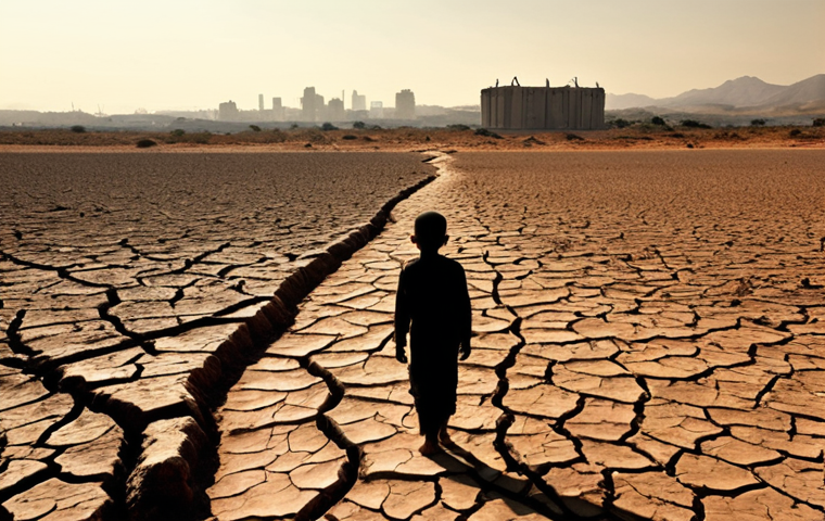 A vast, parched landscape under a harsh, orange sun, with deeply cracked earth and a dry riverbed stretching into the distance. In the foreground, a lone, small silhouette of a person or child walks towards a subtle, indistinct outline of a distant, modern European city skyline on the horizon, emphasizing the stark contrast between global water scarcity and perceived abundance. The scene evokes a sense of urgency and the devastating impact of drought, rendered with muted, desaturated colors.
