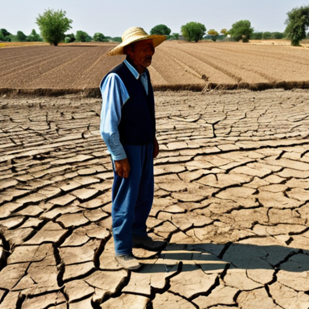 Rural Water Scarcity**

"A farmer, fully clothed in appropriate work attire, inspects a cracked, dry field under a scorching sun. In the distance, a depleted riverbed. Focus on the distress in the farmer's face and the parched earth. Depict a windmill standing idle due to lack of water. Safe for work, professional photography, perfect anatomy, natural proportions, fully clothed, appropriate content, family-friendly, realistic rendering."

**
