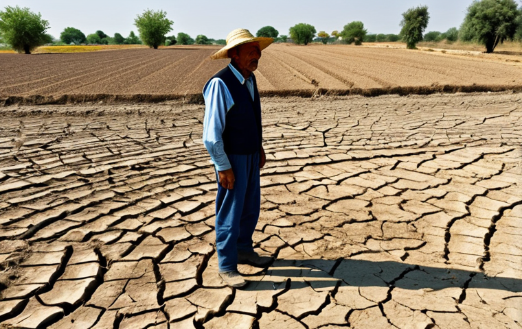 Rural Water Scarcity**
"A farmer, fully clothed in appropriate work attire, inspects a cracked, dry field under a scorching sun. In the distance, a depleted riverbed. Focus on the distress in the farmer's face and the parched earth. Depict a windmill standing idle due to lack of water. Safe for work, professional photography, perfect anatomy, natural proportions, fully clothed, appropriate content, family-friendly, realistic rendering."
**