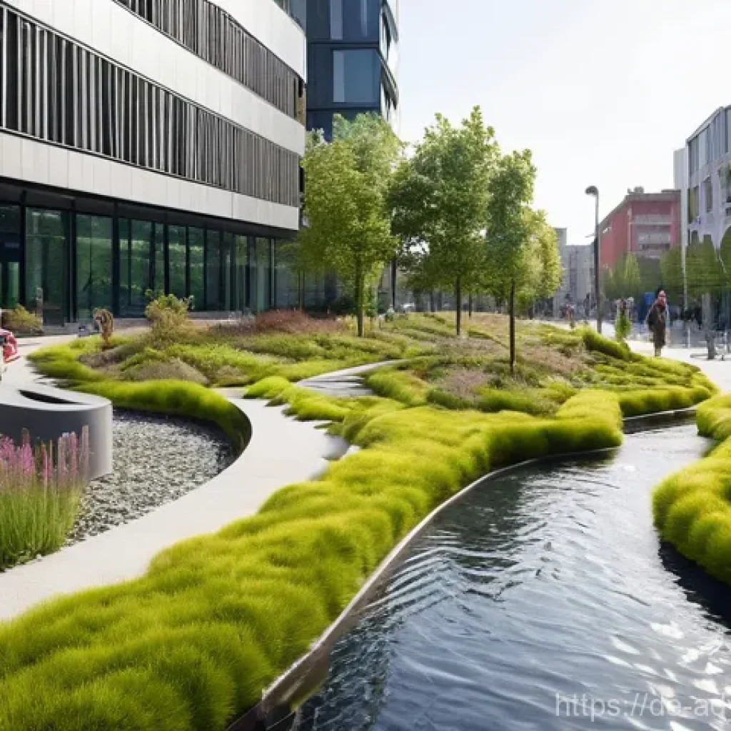 물 부족 문제 해결을 위한 정책 - **Prompt:** "A bustling, yet harmoniously green, modern German city embodying the 'sponge city' conc...