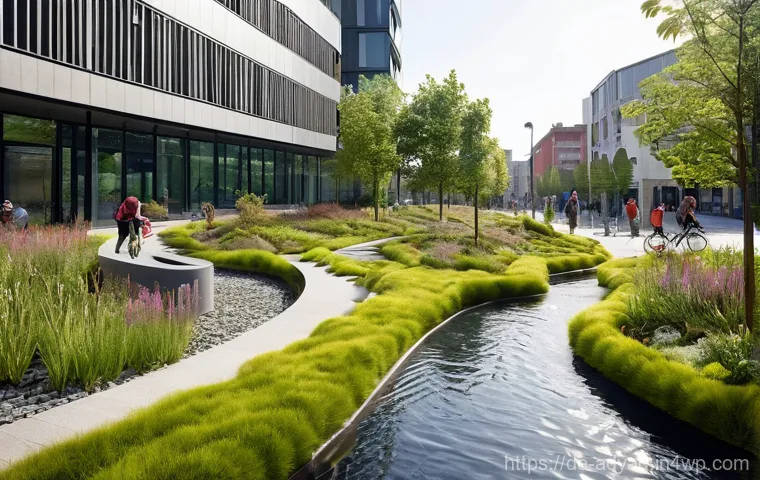 물 부족 문제 해결을 위한 정책 - **Prompt:** "A bustling, yet harmoniously green, modern German city embodying the 'sponge city' conc...
