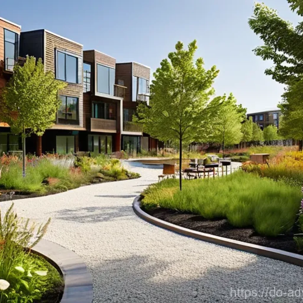 신도시 물 관리 전략 - **Prompt:** A vibrant, modern residential neighborhood seamlessly integrates sustainable water manag...