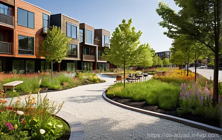 신도시 물 관리 전략 - **Prompt:** A vibrant, modern residential neighborhood seamlessly integrates sustainable water manag...