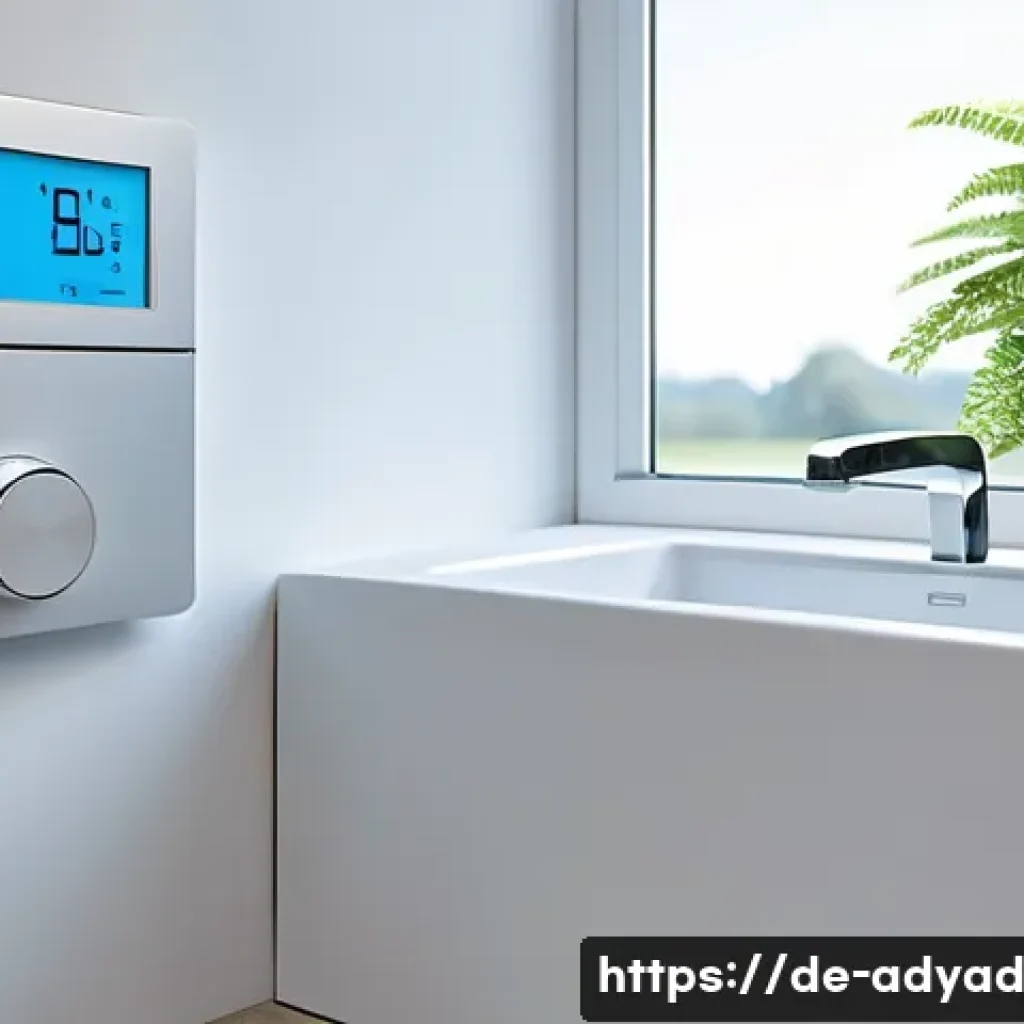 물 관리의 효율성을 높이기 위한 방안 - A modern German household bathroom featuring a smart water meter mounted on the wall next to a sleek...