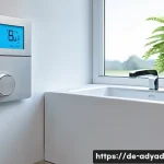 물 관리의 효율성을 높이기 위한 방안 - A modern German household bathroom featuring a smart water meter mounted on the wall next to a sleek...