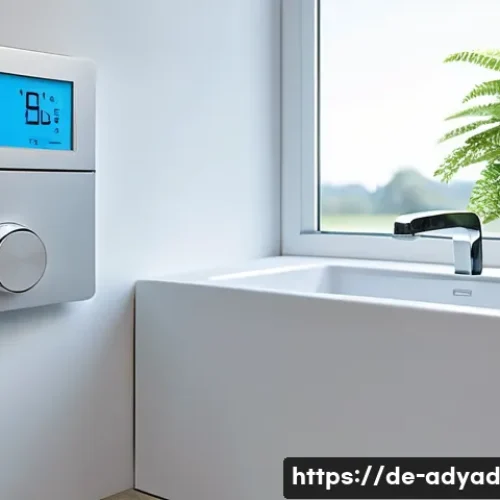 물 관리의 효율성을 높이기 위한 방안 - A modern German household bathroom featuring a smart water meter mounted on the wall next to a sleek...