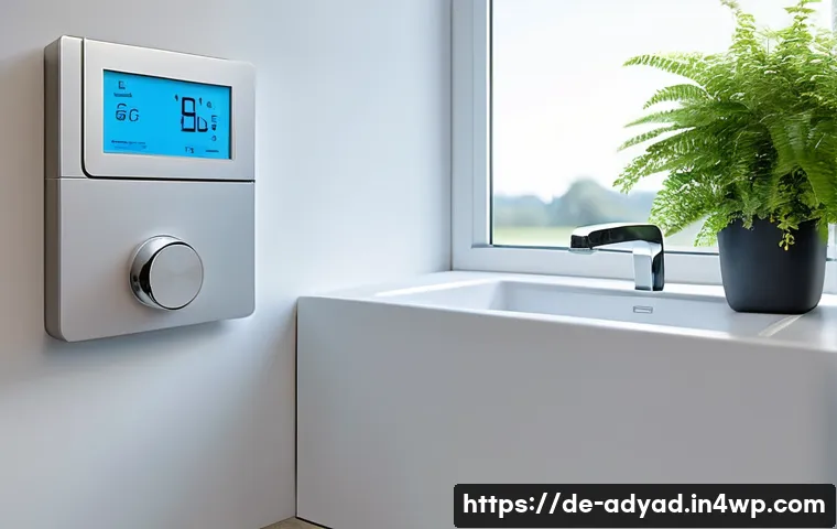 물 관리의 효율성을 높이기 위한 방안 - A modern German household bathroom featuring a smart water meter mounted on the wall next to a sleek...