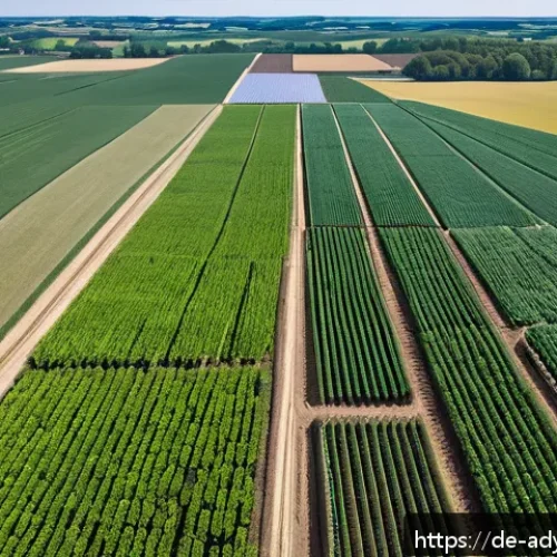 물 안보와 식량 안보의 연관성 - A detailed aerial view of a modern German agricultural field using advanced drip irrigation systems,...