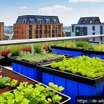 물 관리의 통합적 접근법 - A detailed urban rooftop garden scene in a German city, featuring a lush green roof with diverse nat...