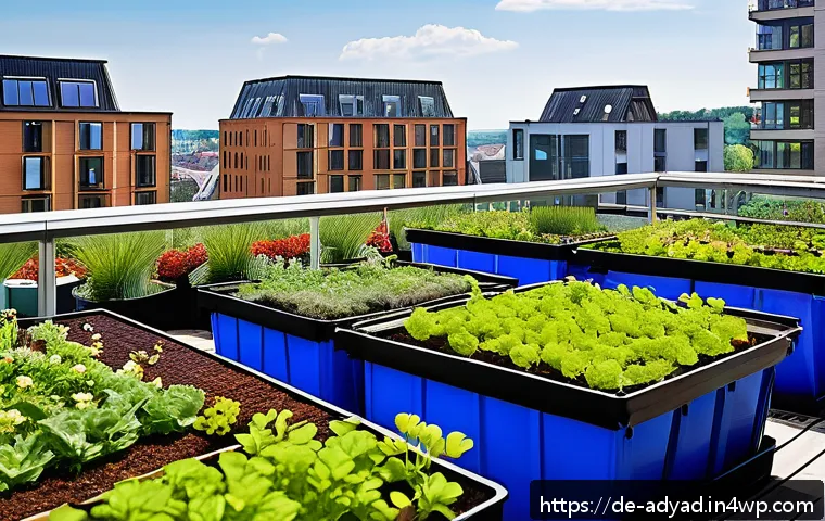 물 관리의 통합적 접근법 - A detailed urban rooftop garden scene in a German city, featuring a lush green roof with diverse nat...