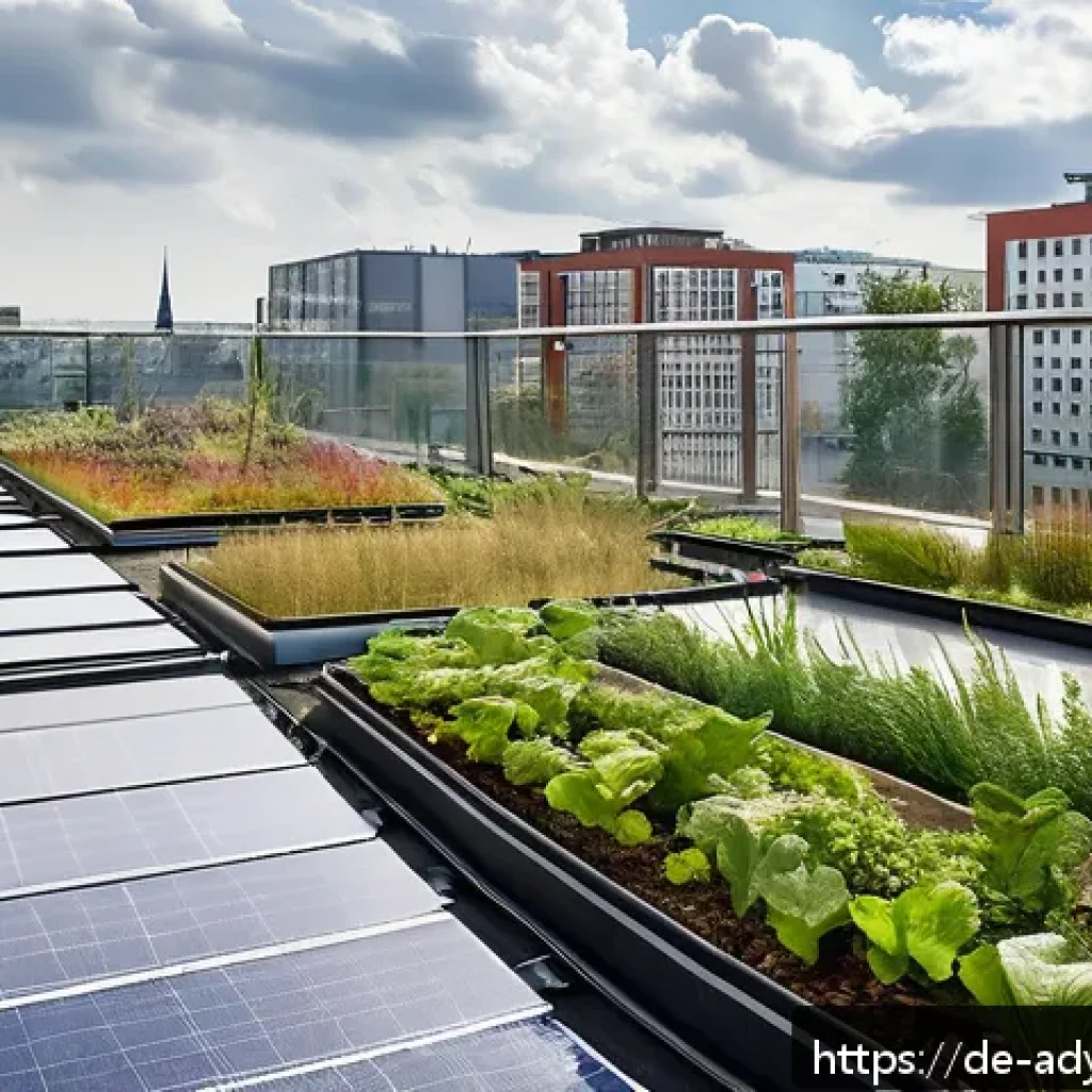물 안보와 지역 개발의 통합 전략 - A detailed urban rooftop scene in Berlin showcasing a lush green roof garden with various plants and...