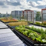 물 안보와 지역 개발의 통합 전략 - A detailed urban rooftop scene in Berlin showcasing a lush green roof garden with various plants and...