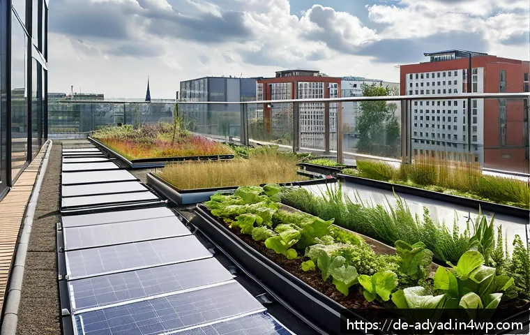 물 안보와 지역 개발의 통합 전략 - A detailed urban rooftop scene in Berlin showcasing a lush green roof garden with various plants and...