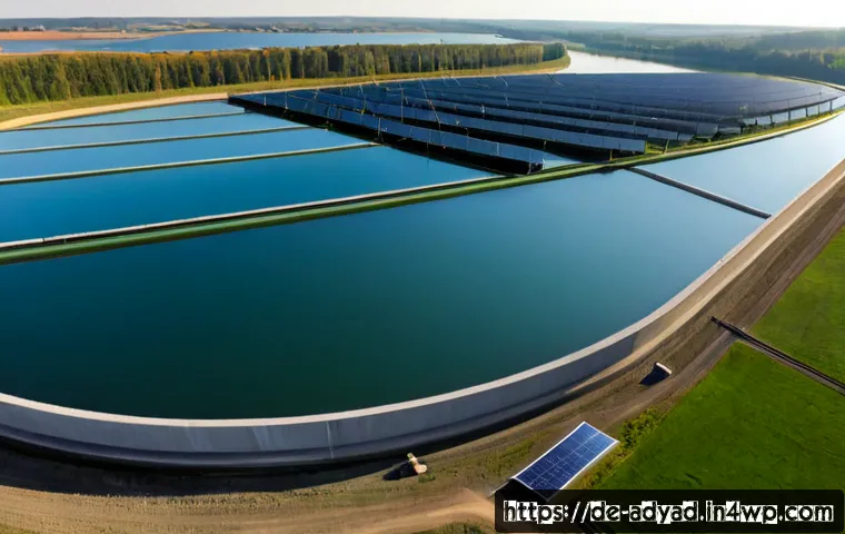 Home 13 물 안보의 글로벌 트렌드 - Photorealistic wide-angle view of a modern European water treatment facility beside a calm reservoir...