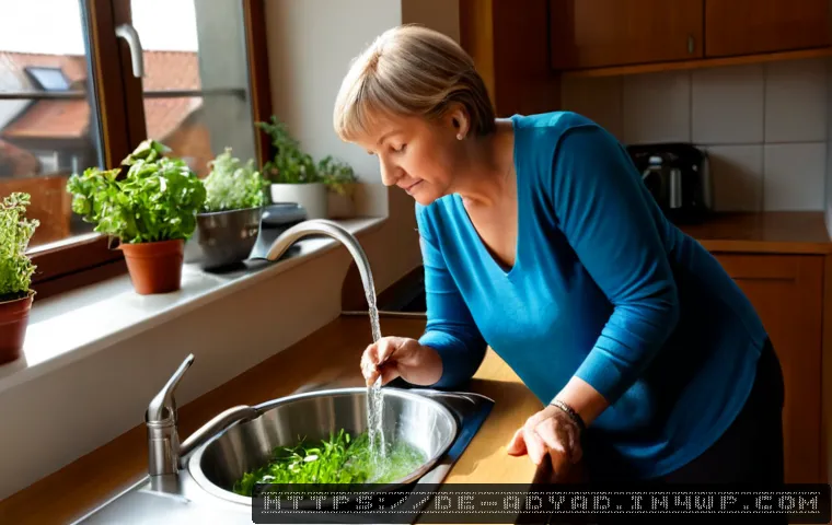 지속 가능한 물 사용 방안 - Photorealistic modern German home kitchen, a middle-aged woman collecting rinsing water in a stainle...